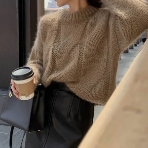 Coarse Yarn Knitted Sweater for Women Autumn Winter Lazy Style Stretch Twist Pullovers Vintage Solid Color O-Neck Jumpers Mujer